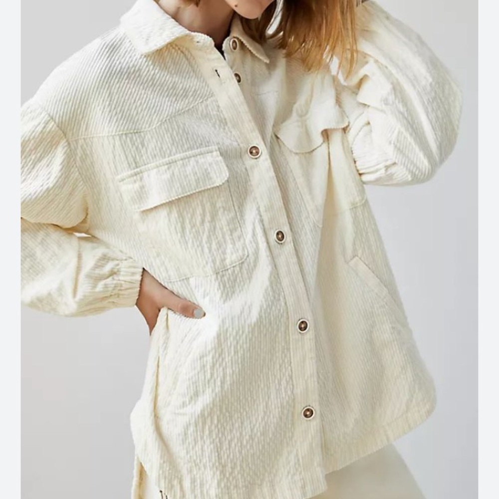 Maeve Anthropologie Cream Corduroy Shirt Shacket Jacket Chic Patch Pockets Sz XL